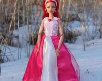 Pink and white evening gown type dress for fashion doll