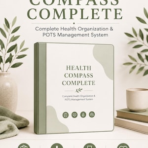 May include: A sage green binder titled Health Compass Complete, featuring a health organization and POTS management system. The cover displays the title, a leaf icon, and four circular icons. Below are labels for 16 tracking pages, digital download, and PDF format.