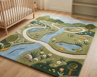 Hand Tufted Kids Playroom Rug Nature Landscape Nursery Rug River Path Area Rug
