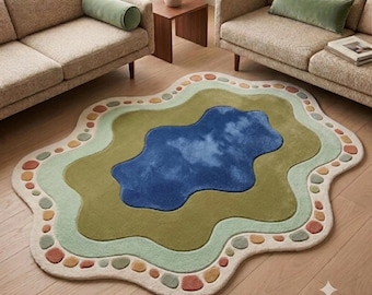 Koi Pond Shaped Rug Handmade Tufted Wool Area Rug Organic Abstract Blue Pond Carpet