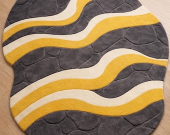 Abstract Irregular Shape Hand Tufted Rug, Modern Wavy Design Wool Area Carpet, Contemporary Designer Floor Rug For Living Room
