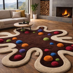 May include: A unique, whimsical area rug in a brown, irregular shape with a cream-colored border. Colorful, round accents in red, orange, blue, and green are scattered across the rug. The rug is placed on a hardwood floor in a living room setting.