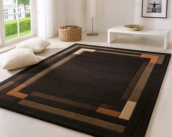 Modern Geometric Area Rug Handmade Wool Carpet in Black, Brown & Beige  Luxury Minimalist Living Room Rug