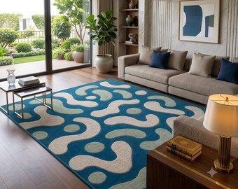 Modern Abstract Blue Area Rug Handmade Tufted Wool Rug