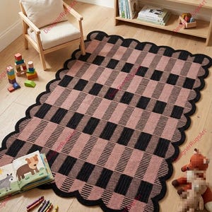 Scalloped Checkered Rug for Girls Room Pink and Black Plaid Carpet Wavy Border Play Mat