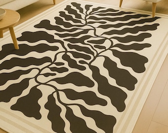 Botanical Leaf Area Rug | Beige & Brown Abstract Carpet