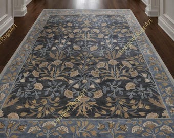 Hand Tufted Floral Area Rug | Blue Beige Traditional Wool Rug | Classic Botanical Design Carpet | High Quality Living Room Floor Rug
