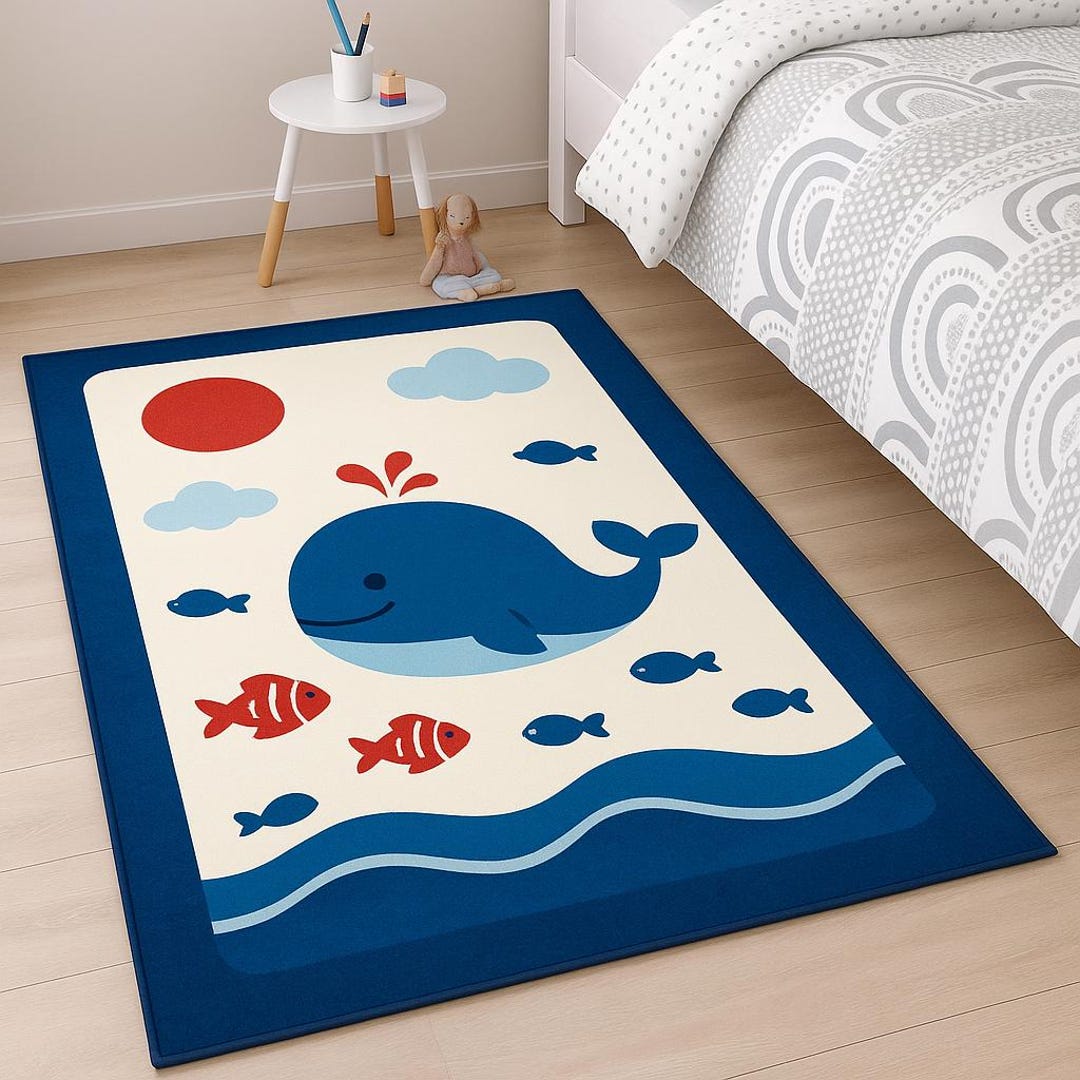 Whale Kids Rug | Ocean Nursery Carpet | Cute Sea Animal Playroom Soft ...