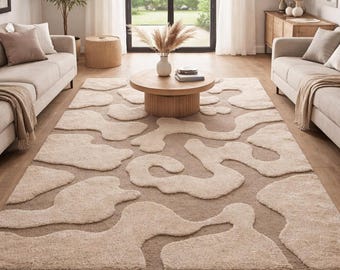 Hand Tufted Wool Rug | Beige Abstract High-Low Pile Carpet