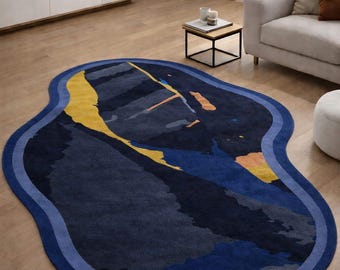 Irregular Shape Abstract Tufted Rug | Modern Blue Gold Area Rug | Luxury Hand Tufted Wool Carpet | Contemporary Living Room Rug