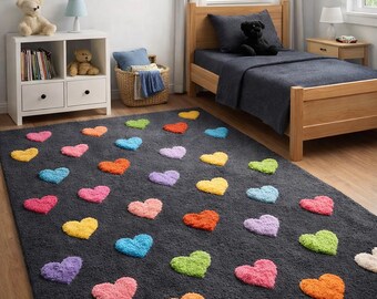 Kids Heart Pattern Rug, Hand Tufted Children Area Rug, Colorful Heart Design Carpet, Nursery Bedroom Rug Soft Plush Kids Room Rug