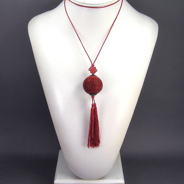 Carved Cinnabar Necklace, Art Deco, Long Necklace, Silk Cord, Silver Enamel Bead Caps, Deep Red, Boho, Vintage Chinese Jewelry, Gift For Her