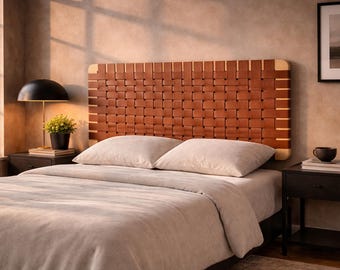 Testiera in ecopelle intrecciata, marrone naturale, da parete, misura singola, arredamento moderno per camera da letto.