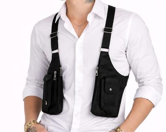Funda de cuero para el pecho para hombre – Cartera anticarterismo para debajo del brazo, bolsa para teléfono con arnés ajustable, estuche táctico de viaje