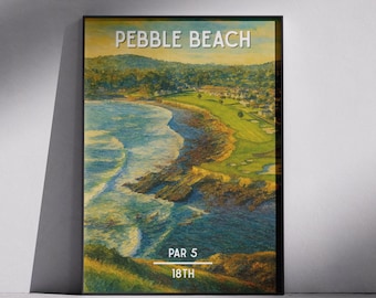 Pebble Beach 18th Hole Golf Poster: Watercolor Style USA Wall Art