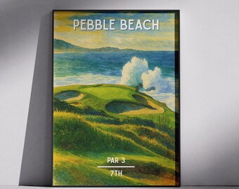 Pebble Beach 7th Hole Golf Poster: Watercolor USA Wall Art