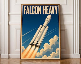 Falcon Heavy Art Print - Modern Vector Flat Shading, Navy Teal Blue and Orange Flame