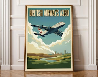 British Airways A380 Poster - Vector Art, Teal Blue Cream