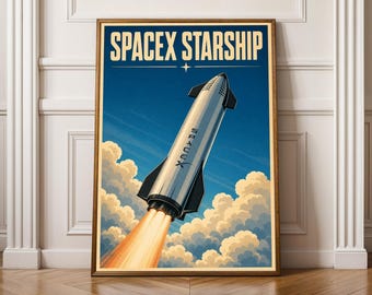 SpaceX Starship Poster - Modern Vector Flat Shading, Sky Blue, Golden Tan, Navy