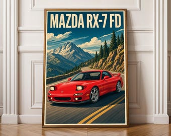 Mazda RX-7 FD Print – Retro Mountain Road Vector Art (Red, Teal)