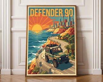 Defender 90 Coastal Print – Retro Sunset Travel Poster