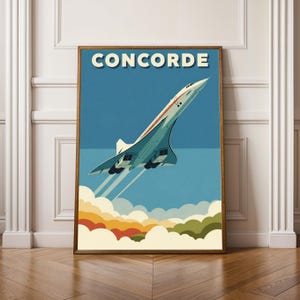 May include: A framed art print featuring a vintage-style illustration of the Concorde supersonic jet. The artwork showcases the aircraft soaring against a blue sky, with the word "CONCORDE" at the top. The print includes stylized clouds in shades of white, orange, and green.