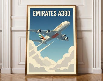 Emirates A380 Poster, Retro Aviation Travel Art