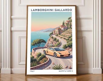 Lamborghini Gallardo Art Print – Italian Coastal Road, Peach Sky and Sea Teal