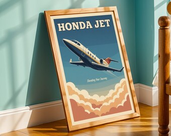 Honda Jet Poster, Vintage Travel Style, Navy Blue and Cream Tones, Plane Wall Art