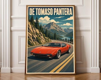 De Tomaso Pantera Poster - Modern Vector Illustration, Orange Car, Teal Blue Sky and Navy