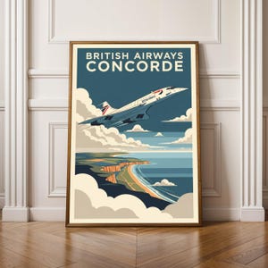 Può includere: Un poster da viaggio vintage incorniciato per British Airways Concorde. Il poster presenta un'immagine stilizzata del jet supersonico in volo sopra un paesaggio costiero. Il testo "BRITISH AIRWAYS CONCORDE" è in alto.