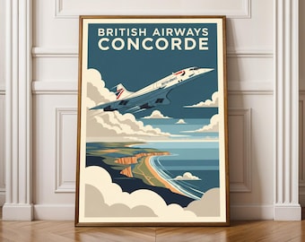 British Airways Concorde Poster - Modern Vector Flat Shading, Teal Navy Cream Red