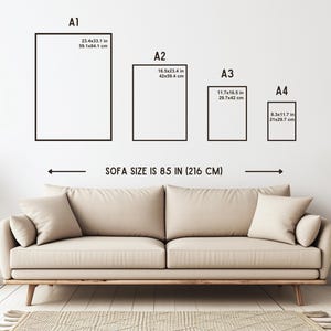 May include: Image showing four rectangular art print sizes: A1 (23.4x33.1 in), A2 (16.5x23.4 in), A3 (11.7x16.5 in), and A4 (8.3x11.7 in). The text indicates a sofa size of 85 in. A beige sofa and a small side table are in the foreground.