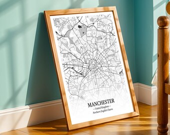 Manchester Art Print – Minimal City Map, Black and White, Mixed Media Wall Art