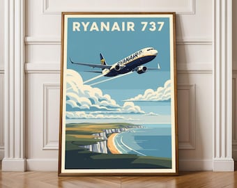 Ryanair 737 Poster – Modern Vector Illustration, Teal Blue and Navy Blue, Cream Accents