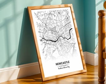 Newcastle City Art Print – Minimalist Map, Black and Gray Tones