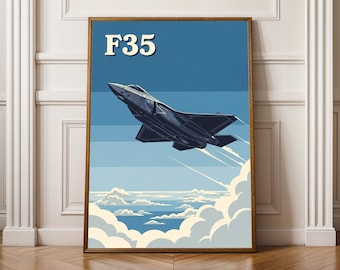 F35 Jet Poster: Retro Aviation Art Print, Blue & Cream
