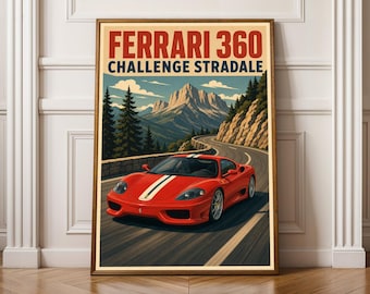 Ferrari 360 Challenge Stradale Poster - Moderner Vektor, roter und blaugrüner Himmel, Cremetöne