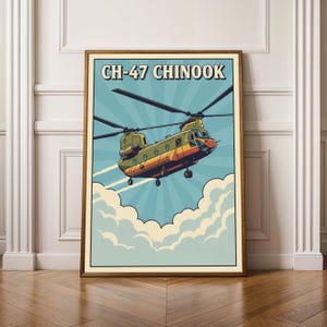 Peut inclure: Une affiche encadrée avec une illustration rétro d'un hélicoptère CH-47 Chinook en vol. L'œuvre d'art présente l'appareil contre un ciel bleu avec des rayons de soleil et des nuages. Le texte "CH-47 CHINOOK" est affiché en haut.