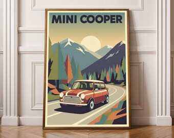 Mini Cooper Travel Poster – Retro Mountain Road Art Print