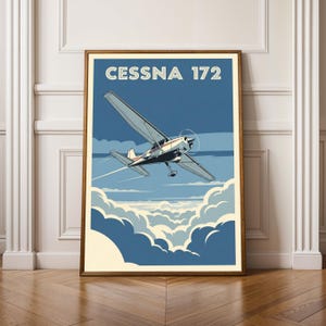 May include: A framed poster featuring a Cessna 172 airplane in flight. The aircraft is depicted against a blue sky with stylized clouds. The poster has a vintage aesthetic, with the text "CESSNA 172" at the top.