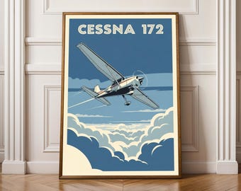 Vintage Cessna 172 Airplane Poster in Blue and Light Blue: Retro Aviation Travel Art