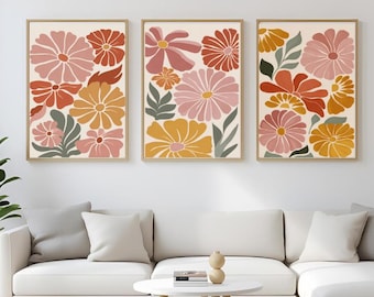Juego de 3 impresiones florales modernas de mediados de siglo - Arte de pared bohemio - Descarga digital imprimible abstracta