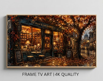 Cozy Autumn Bookstore Samsung Frame TV Art Warm Bookshop Wall Decor Fall Evening Oil Painting Cottagecore Library Digital Download