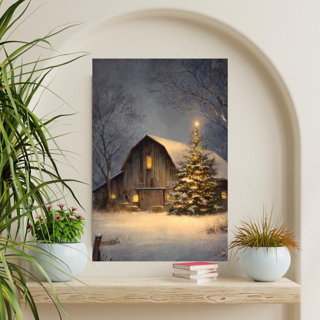 Rustic Christmas Barn Print – Snowy Winter Farmhouse, Cottagecore ...