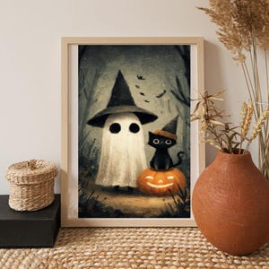 Dark Forest Ghost and Cat Print -Vintage Halloween Wall Art -Dark Academia Decor -Printable Digital Download