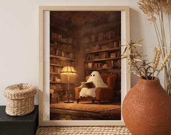 Ghost Reading in Library Print – Spooky Halloween Wall Art (Digital Download)