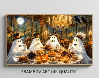 Victorian Ghost Halloween Tea Party Frame TV Art, Vintage Autumn Oil Painting, Candlelit Greenhouse TV Screen Display