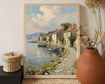 Vintage 1990s European Coastal Village Oil Painting, Nostalgic Seaside Landscape with Stone Cottages and Fishing Boats, Printable Wall Art