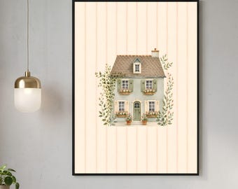 Cottage Garden Nursery Wall Art Print, Pink Floral House, Baby Girl Room Decor- Digital Download